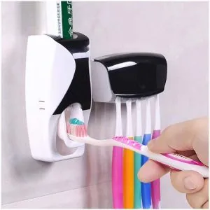Home kitchen new plastic toothbrush holder with cover automatic toothpaste dispenser set dustproof with 3m sticky suction pad wall mounted kids hands toothpaste squeezer for washroom